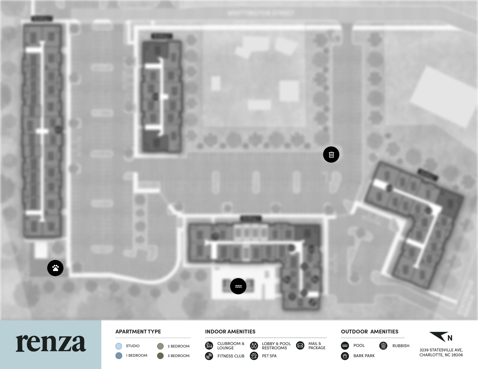 Site map of Renza apartments showing the location of the outdoor amenities.