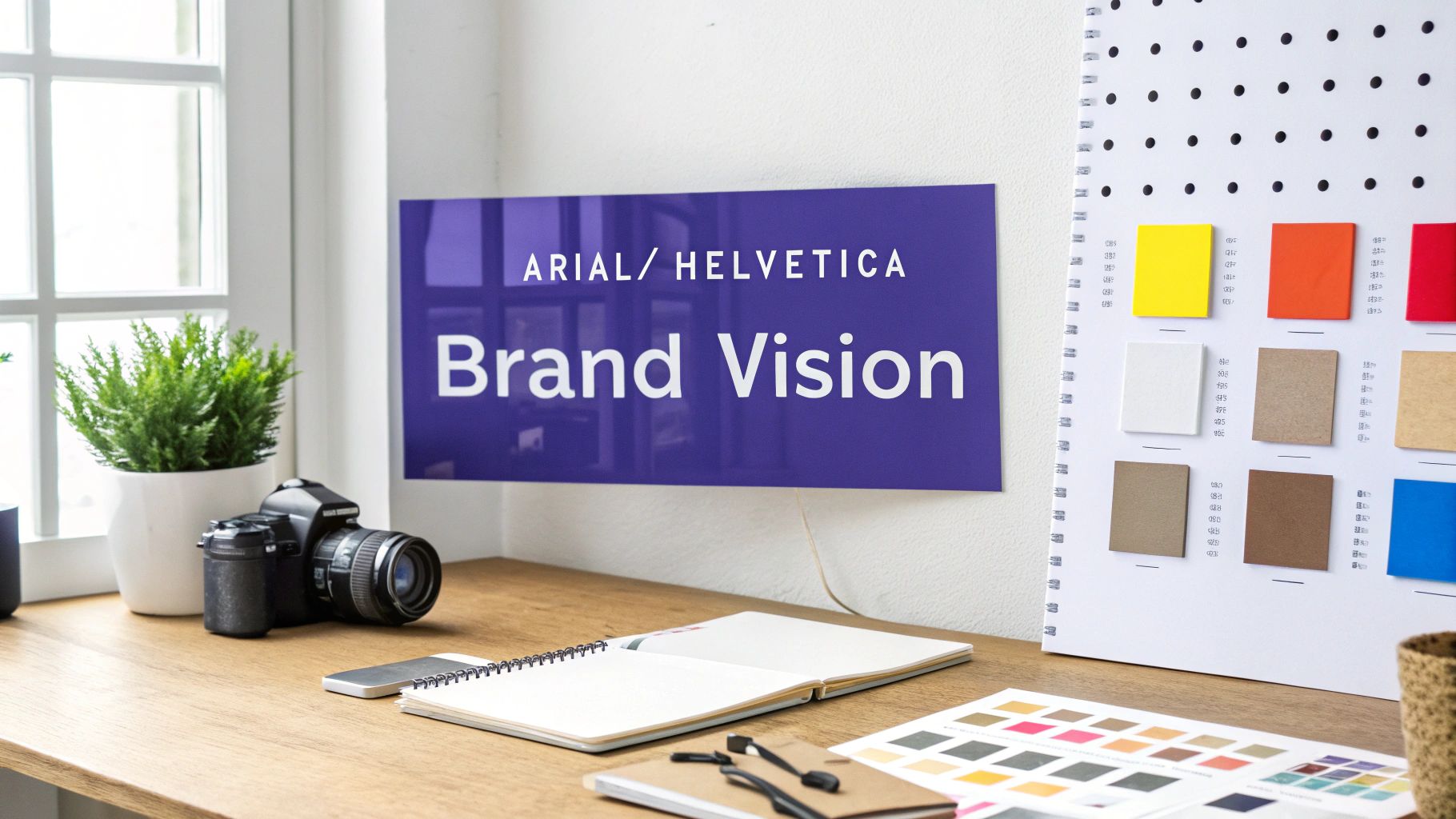A creative workspace featuring a camera, open notebooks, color swatches, and a 'Brand Vision' sign.