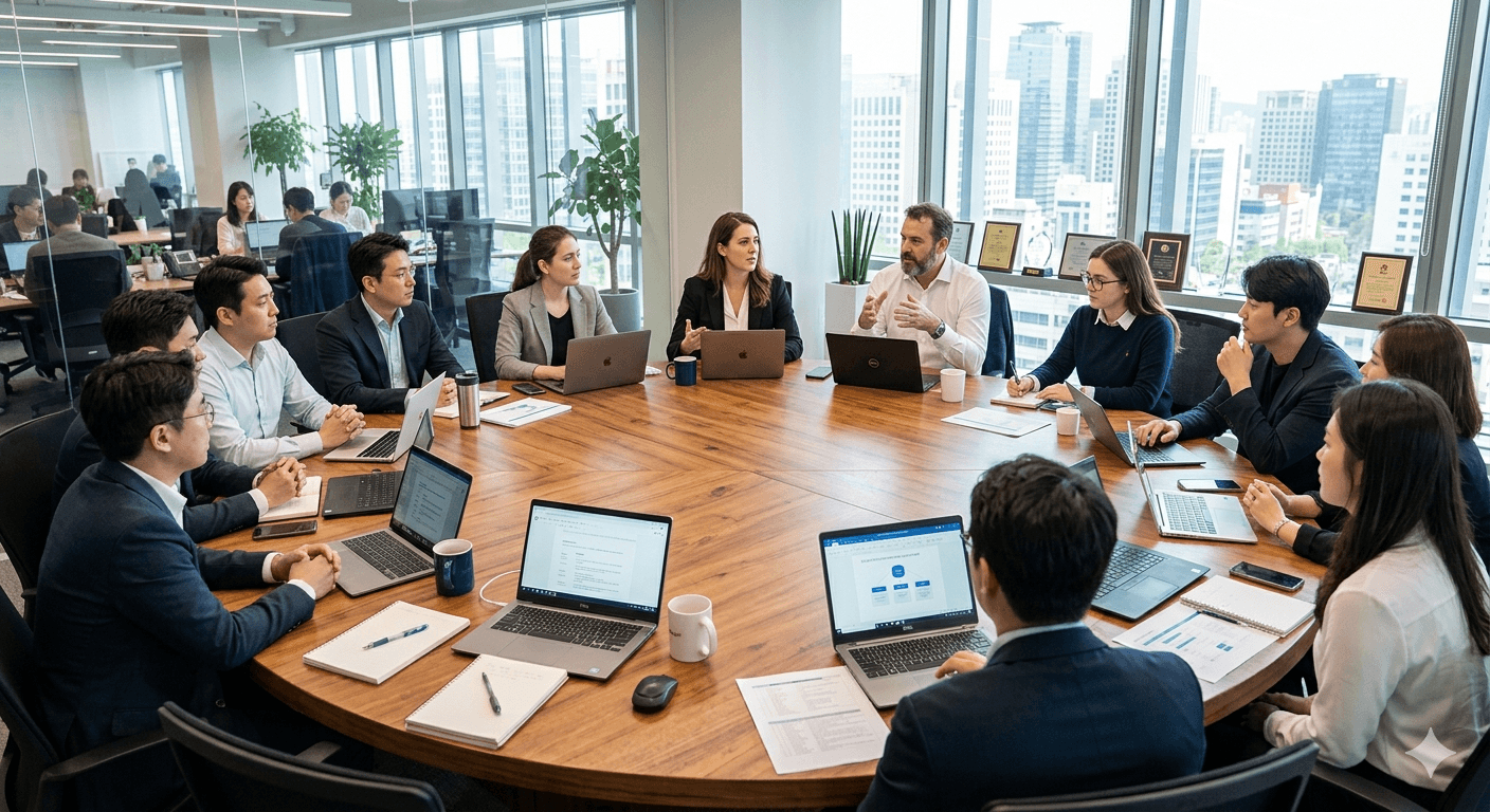 회의실에서 리더가 말하고 팀원들이 침묵하고 있는 모습. 팀 규모 확대와 침묵 문화의 관계를 시각화