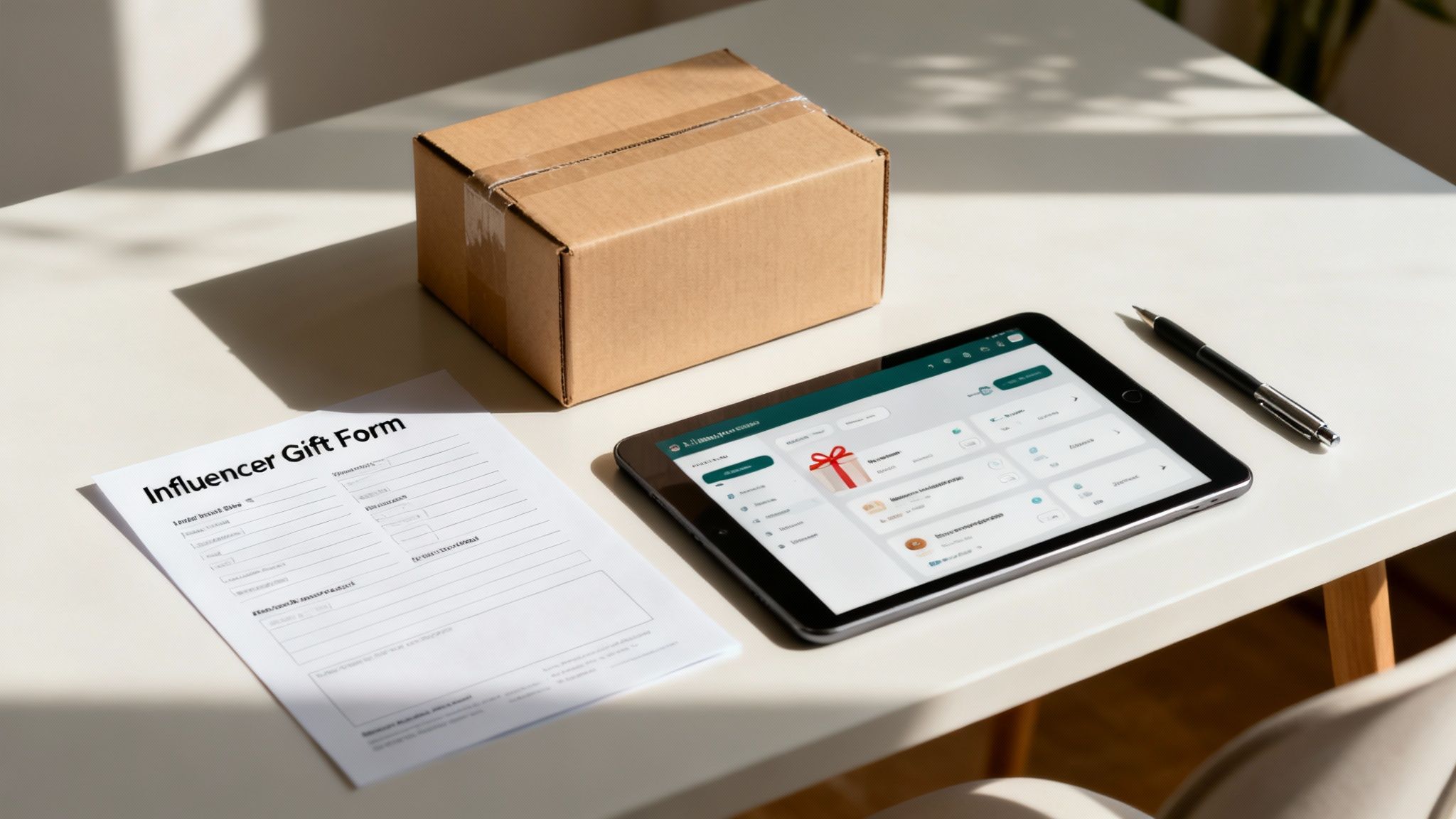 Influencer gift form, cardboard package, tablet with gift icon, and pen on white desk