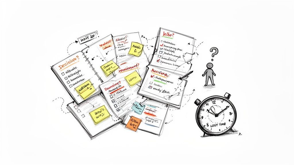 Sketch illustrating multiple open notebooks with checklists, sticky notes, a questioning person, and a 'LOST TIME' clock.