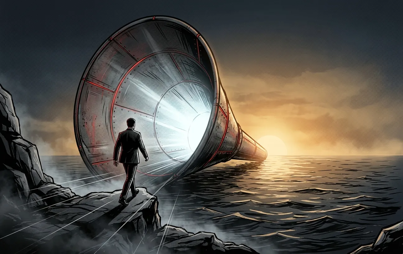 Man on rocky shore facing a giant funnel at sunrise. RockN' Socials Digital Marketing.