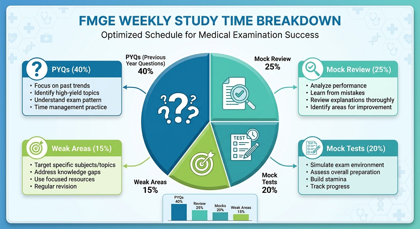 FMGE weekly time allocation split - infographic showing percentage breakdown between PYQs, mock tests, review sessions and weak area practice