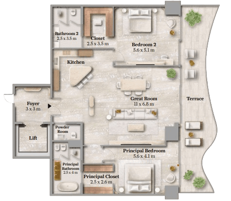 Floor plan of a luxury apartment in Dubai, designed by Maison Margiela, showcasing modern layout and elegant features.