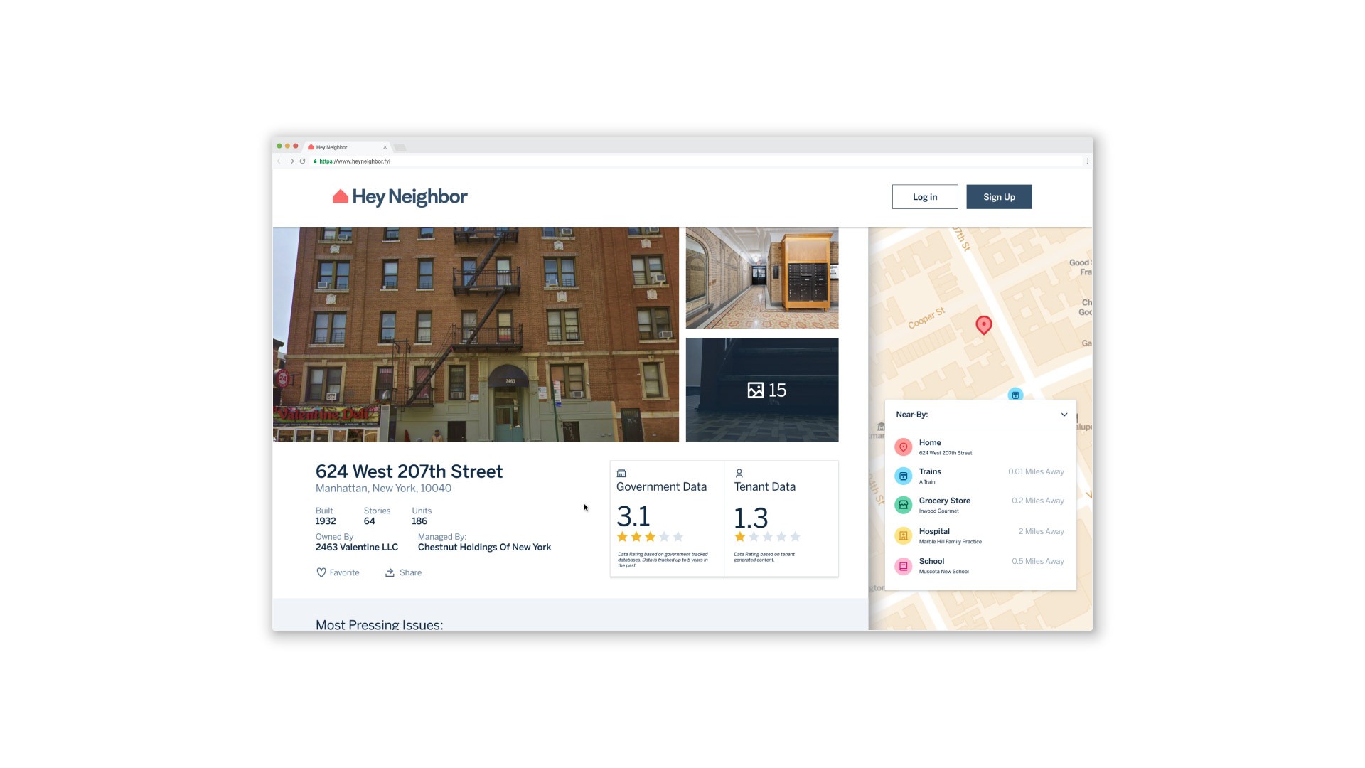 A screenshot displays a real estate listing for "624 West 207th Street," a three-story brick building in Manhattan, New York. The listing shows key details including building name, address, square footage, number of units, government data, and tenant data. A map view highlights nearby locations, and a sidebar provides additional information. The listing is titled "Most Pressing Issues."