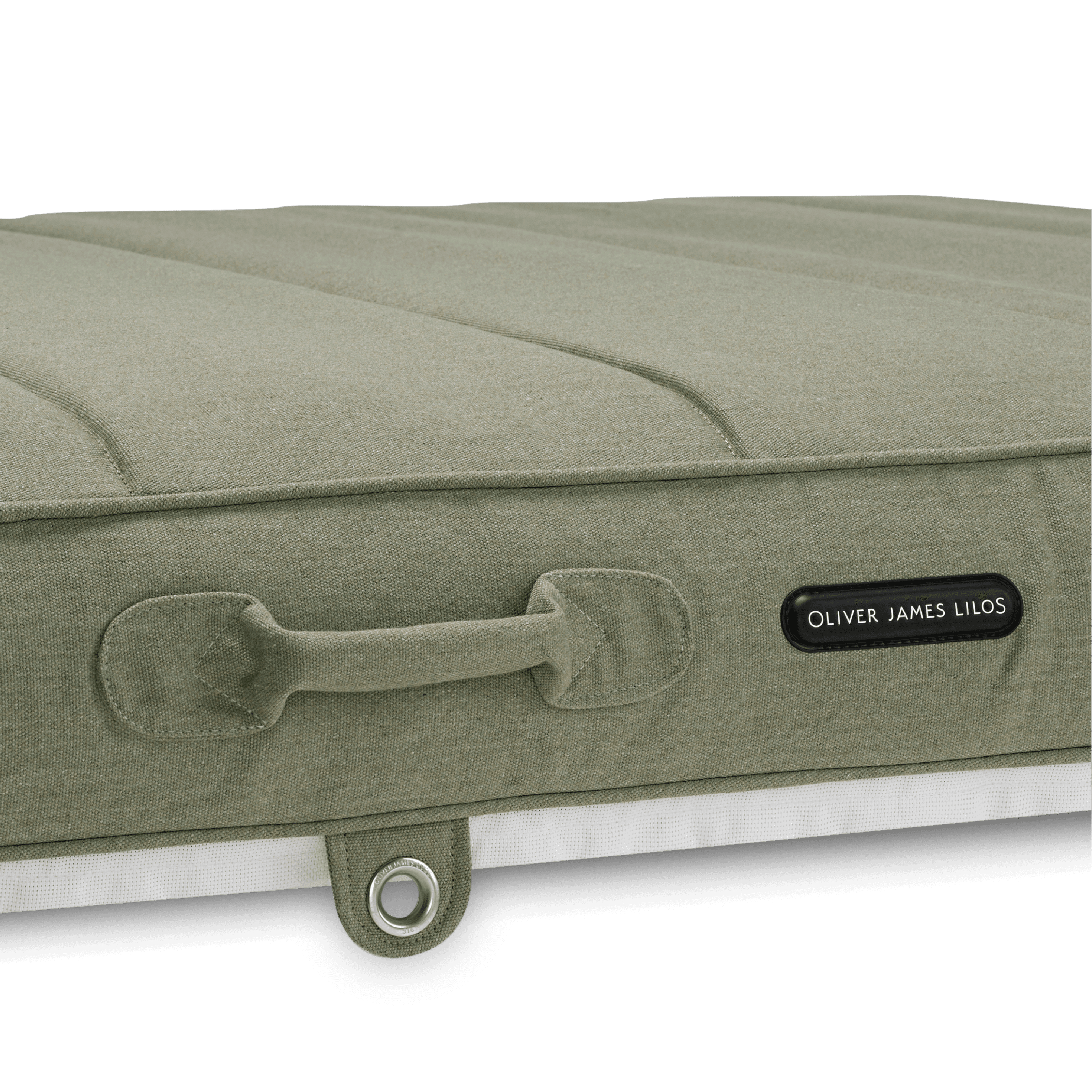 Close-up of pool float showing green recycled canvas handle, colour-matched stitching, and stainless eyelet