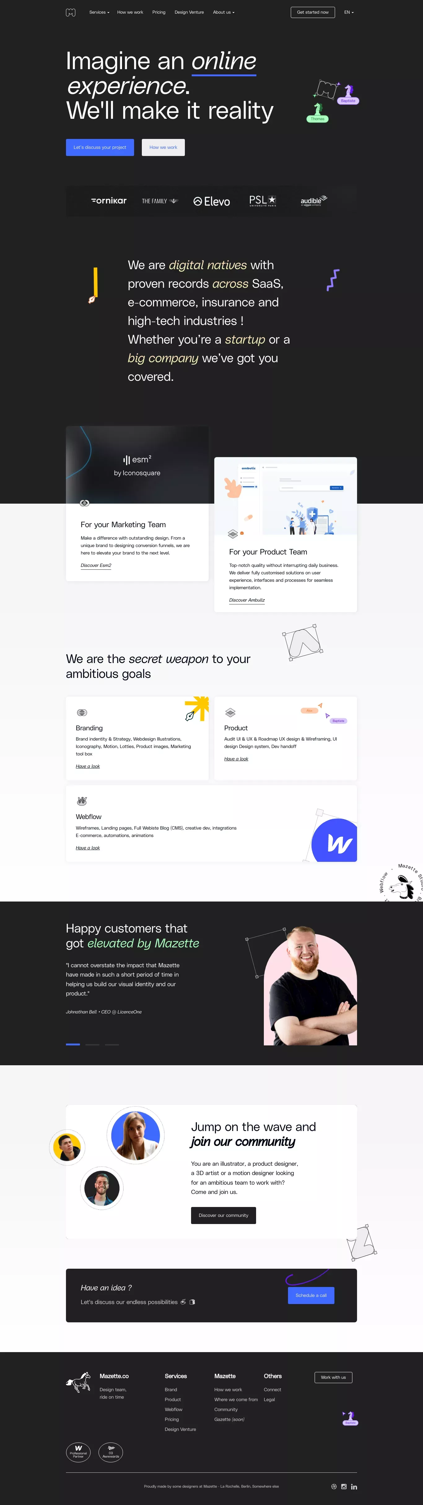 Mazette.co - Brand, Product, Webflow landing page screenshot showcasing Design and Tech design