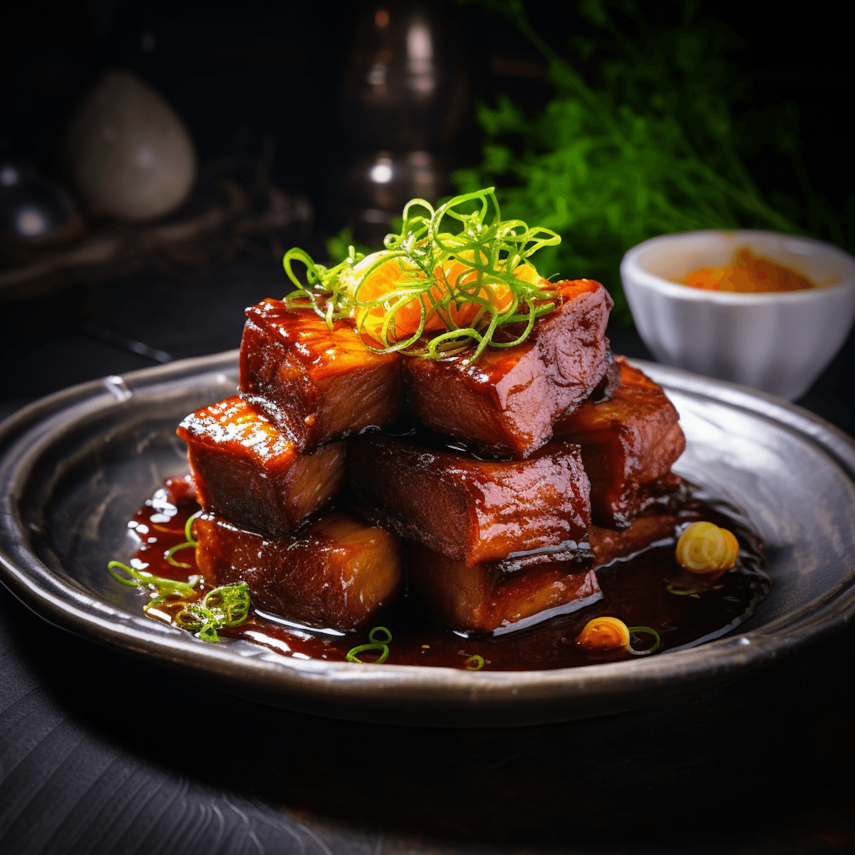 A stack of glazed, braised pork belly cubes (possibly Chinese Red Braised Pork or Japanese Kakuni), drizzled with a dark sauce and topped with shredded green onions and orange zest, served on a vintage metal plate.