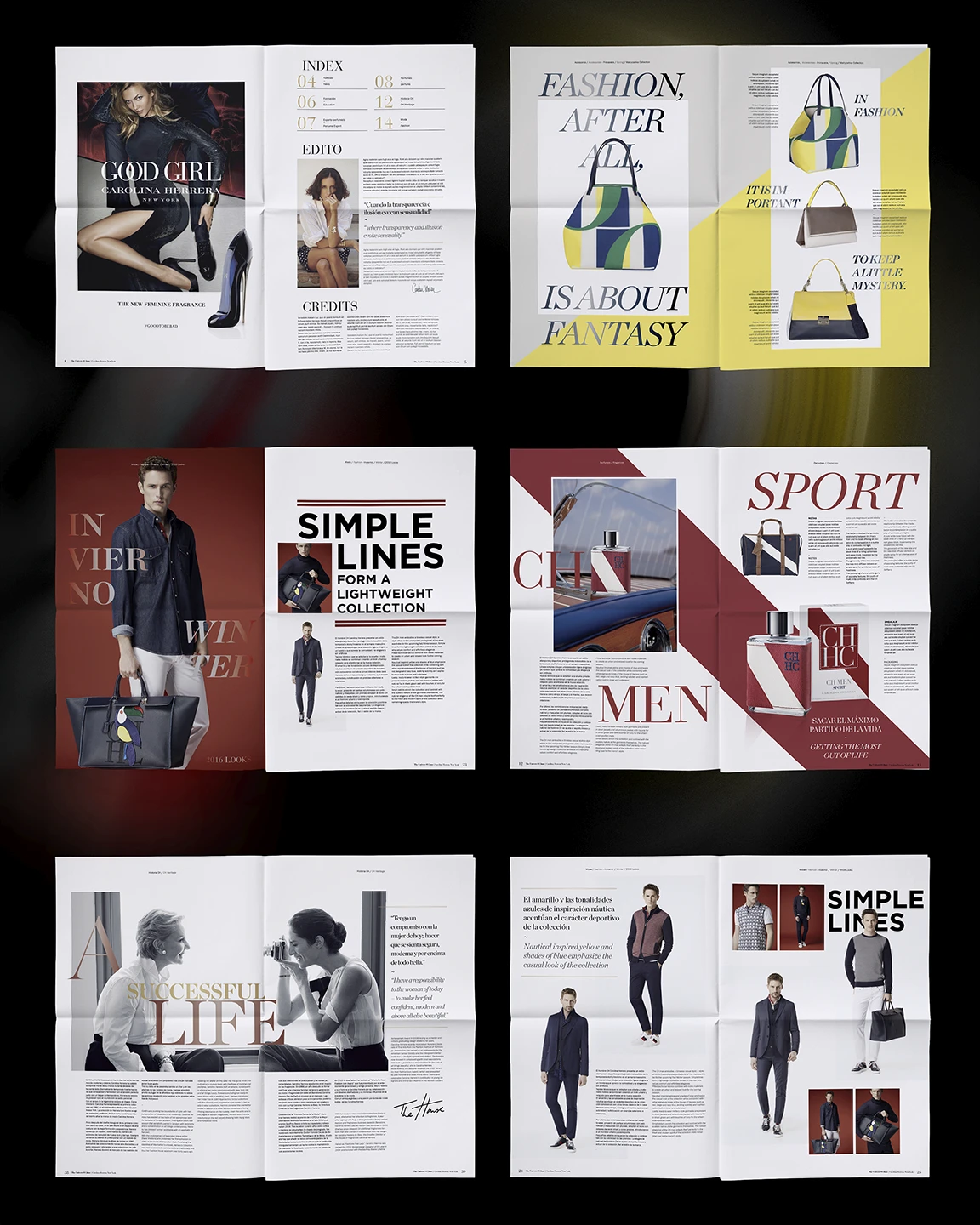 Inside spreads of Carolina Herrera Universe with fashion and fragrance layouts, editorial design by Sebastian Saavedra