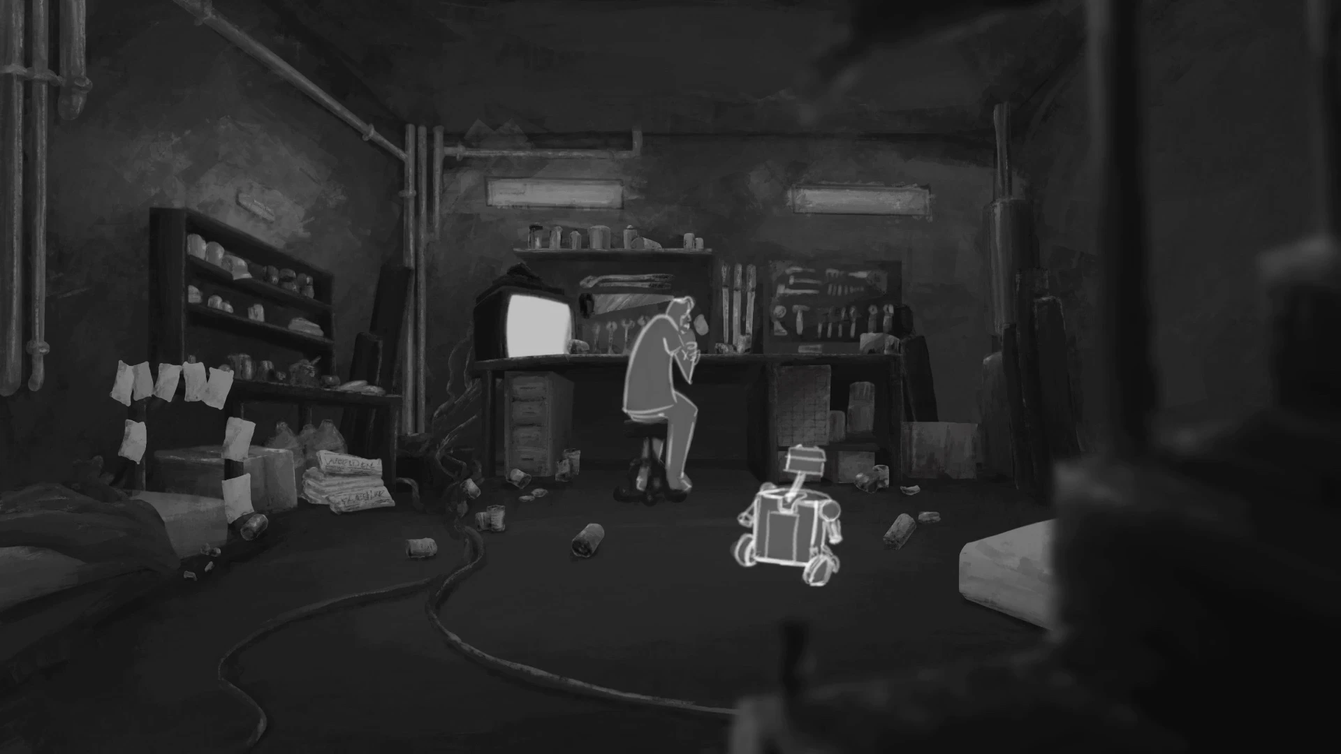A man sits in a messy basemant as a robot approaches him