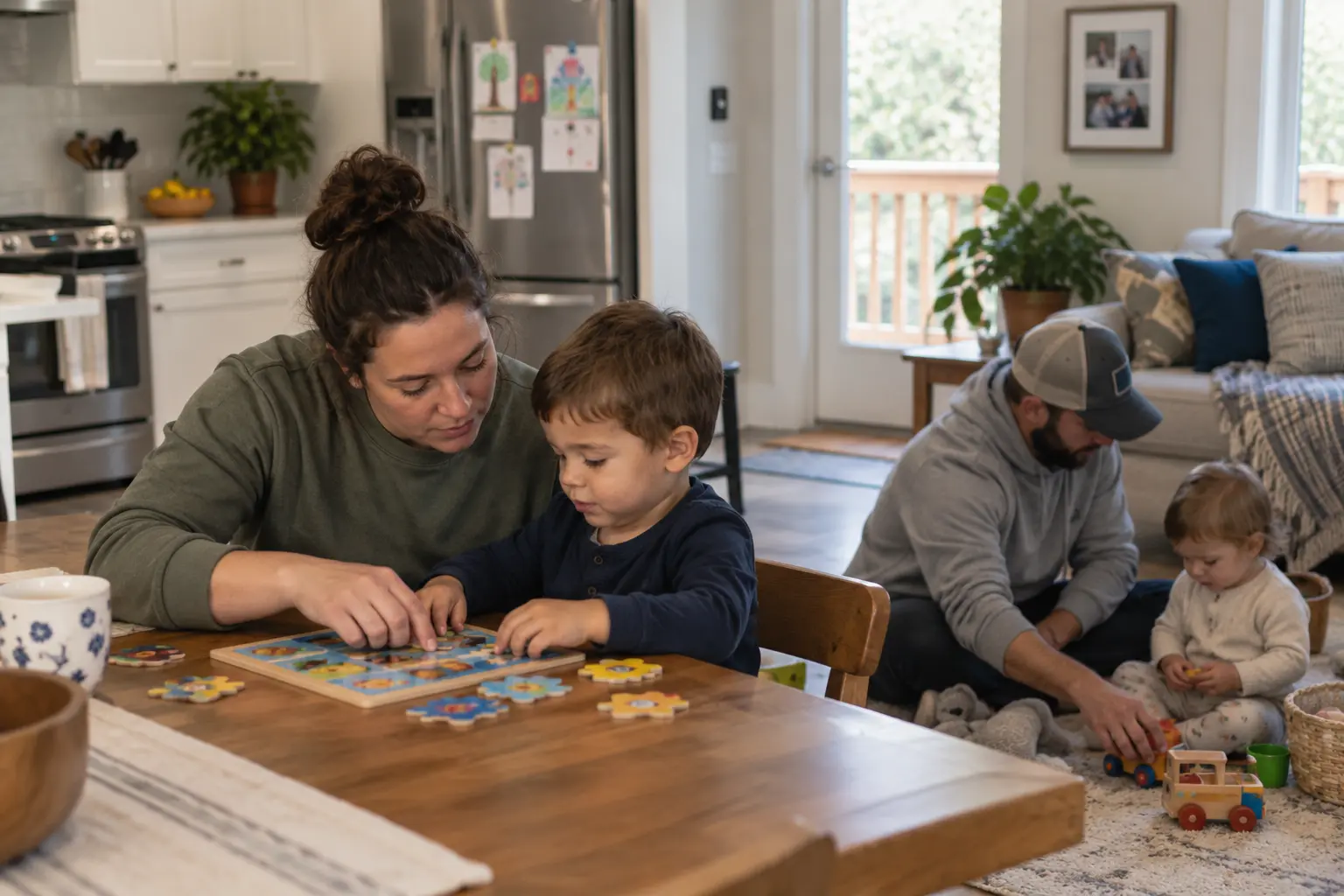 a woman works on a puzzle with a young boy at the table while a man plays with another small child in the background
