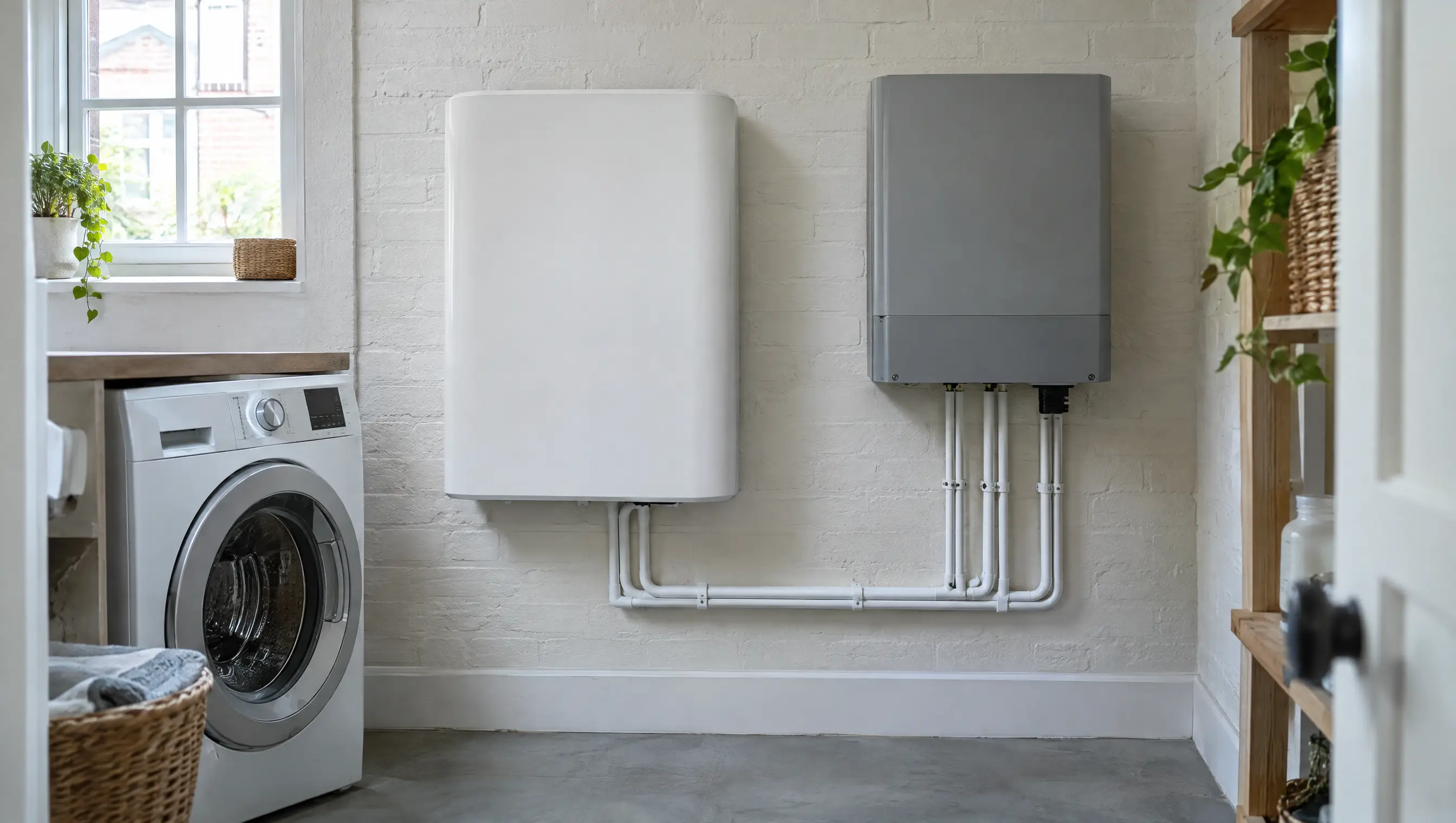 A home battery and a solar inverter mounted side by side on a painted brick wall in a utility room, with cables run in neat trunking