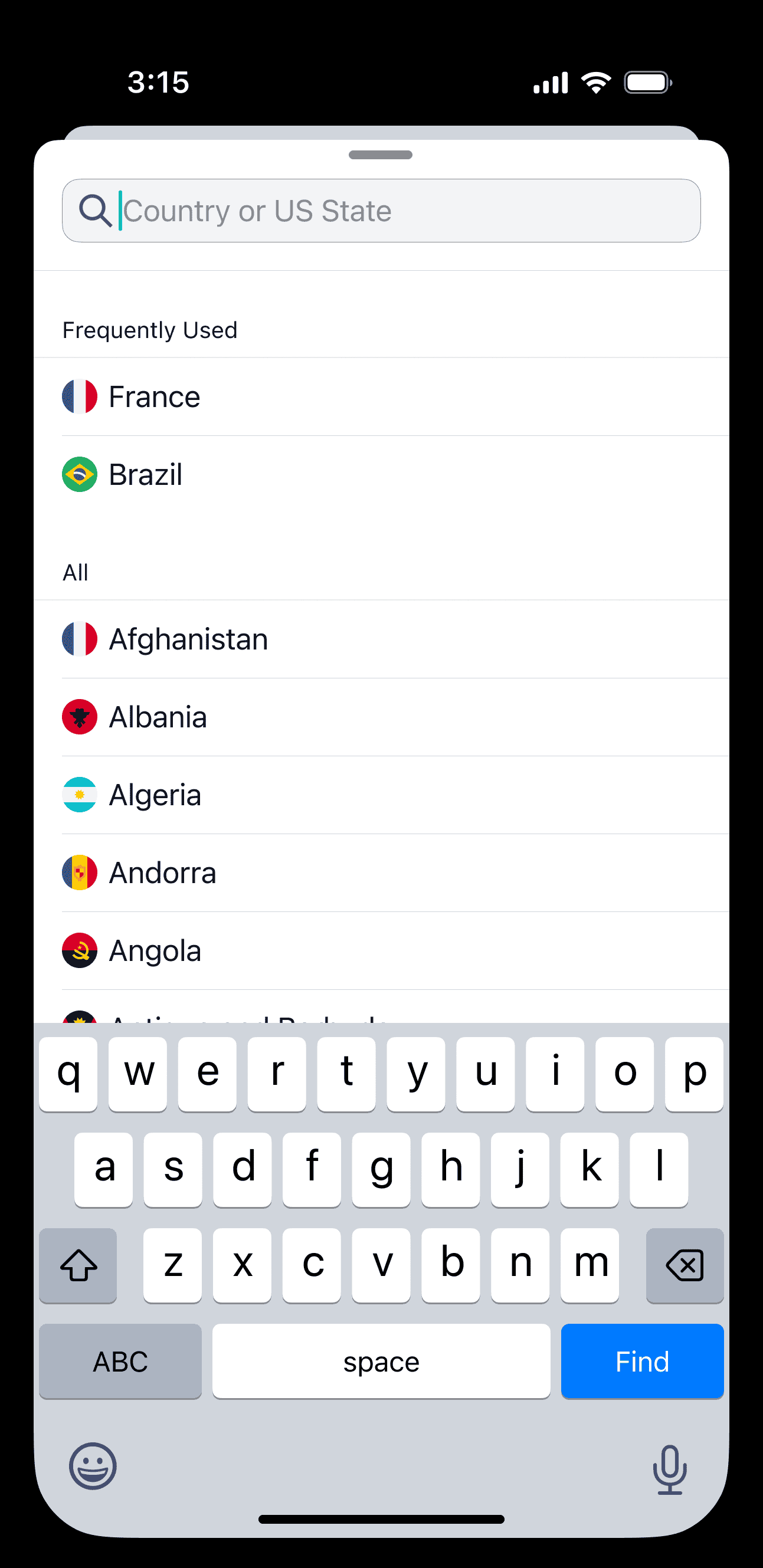 iOS app interface for selecting countries and US states. Includes smart search and frequently used flags. Designed for global mobility tracking expat travel planning and visa compliance workflows.