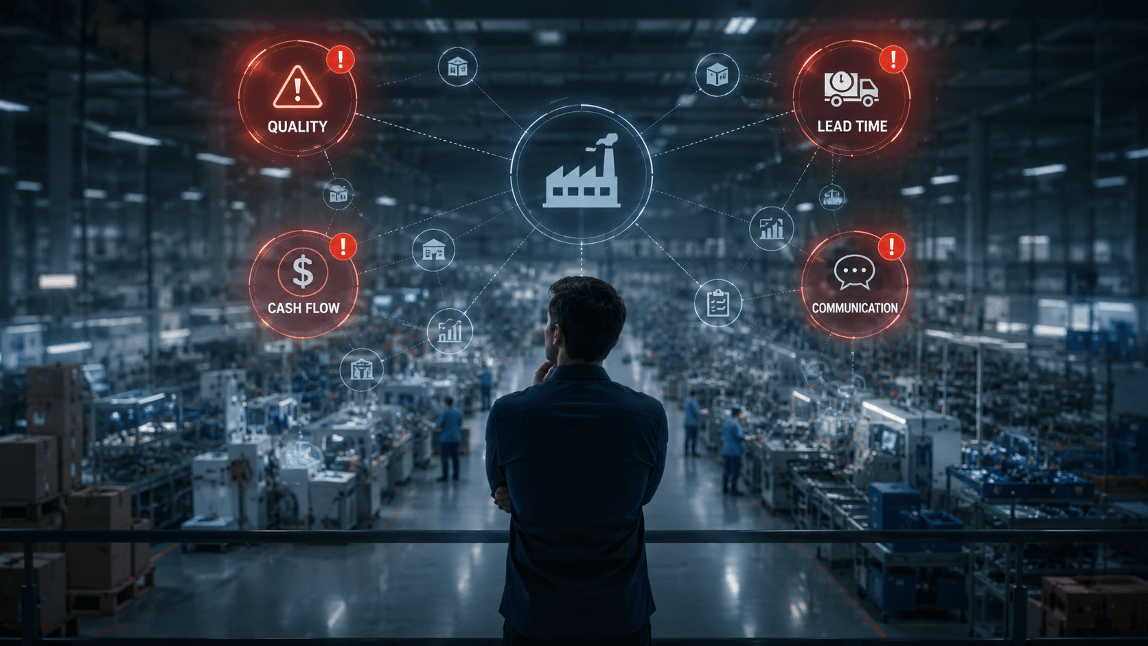 Hardware startup founder analyzing supplier risk across quality, lead time, cash flow, and communication inside a modern manufacturing facility.      