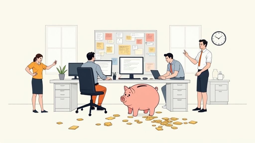 Business team collaborating in office with piggy bank and coins representing budget management