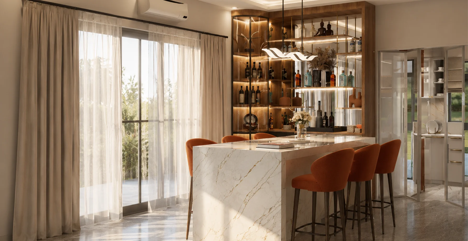 Kitchen and dining area with a marble island, orange upholstered stools, illuminated glass-front shelving, and large windows.
