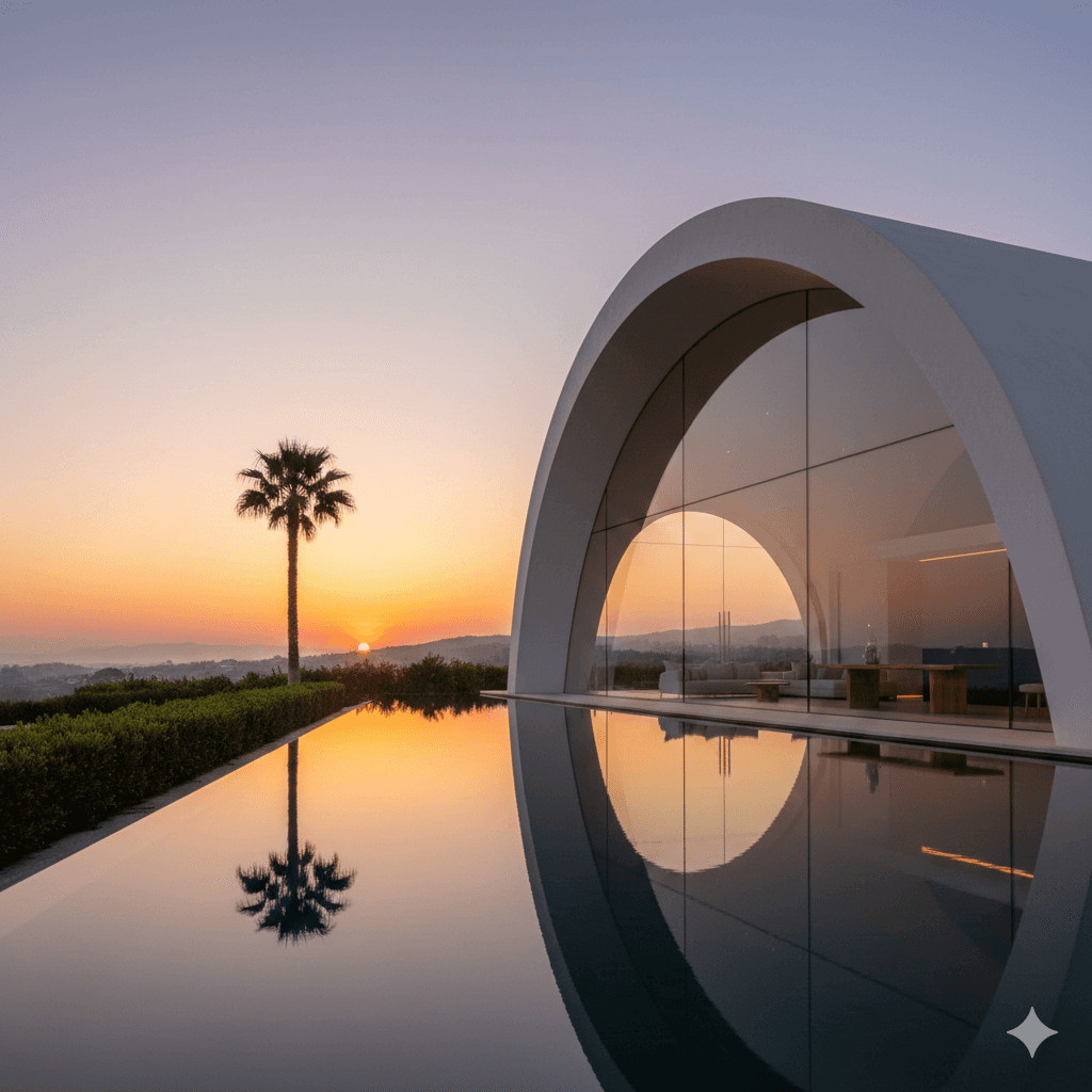 Modern arch-shaped building with glass facade reflects in an infinity pool at sunset. A silhouetted palm tree adds to the serene, elegant scene.