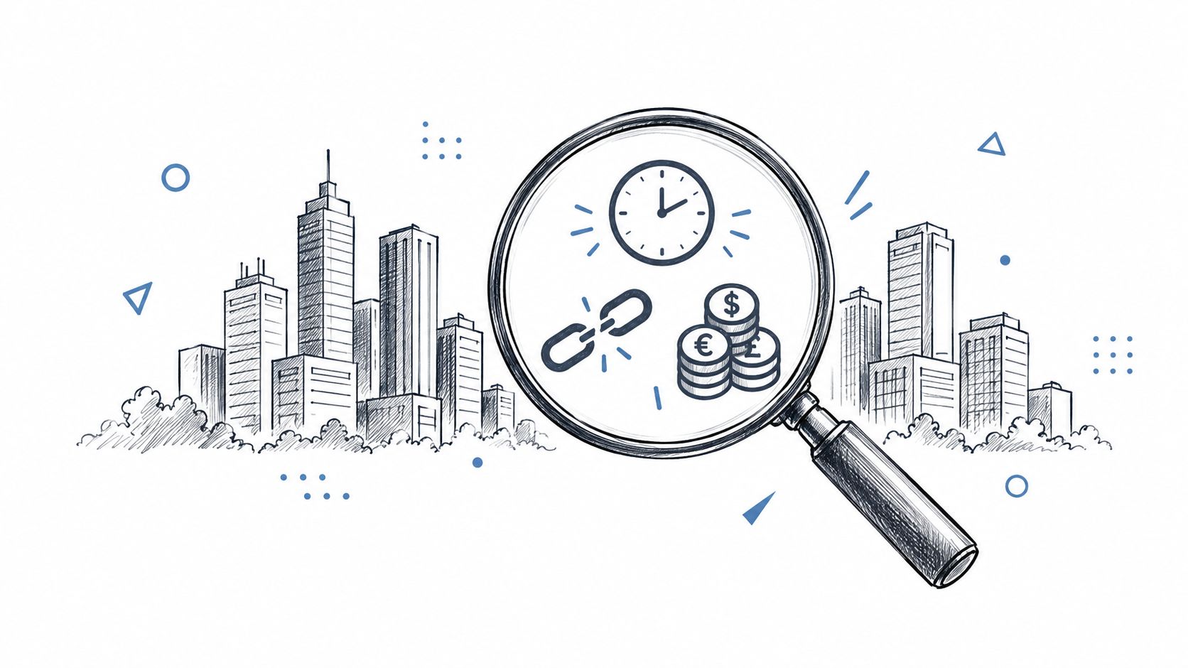 A hand-drawn illustration showing a magnifying glass over city buildings with icons for time, money, and chains.