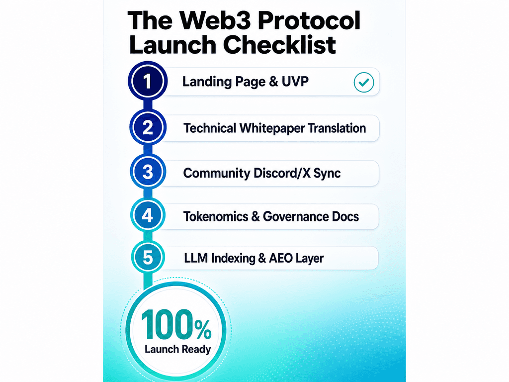 A 5-step checklist for Web3 project content including landing pages, whitepapers, community sync, and AI search indexing.