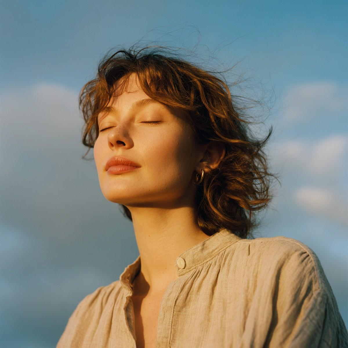 Woman with closed eyes basking in golden hour evening sunlight.
