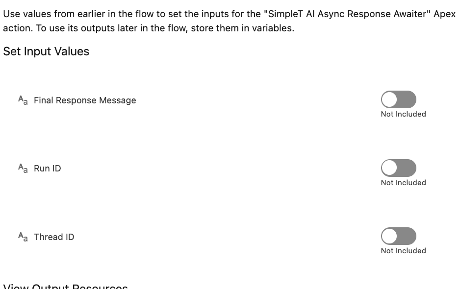 Configuring Asynchronous Apex Actions in Salesforce Flows: SimpleT AI Async Response Awaited. Article cover showing the Salesforce Flow configuration window for setting input values like Final Response Message, Run ID, and Thread ID for the SimpleT AI Async Response Awaited action.