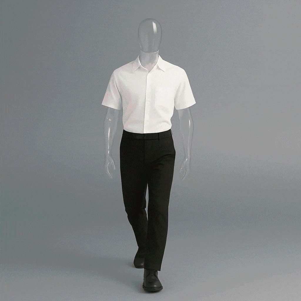 Animated model wearing a light grey knitwear polo shirt, dark corporate workwear trousers, a black belt, and white sneakers.