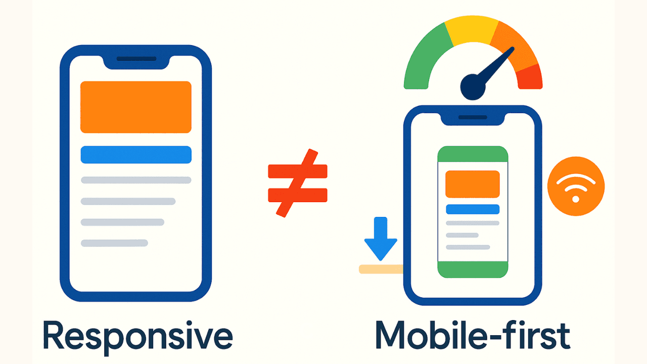 Illustration of a user comparing a basic responsive layout with a true mobile-first optimized interface using lazy loading and network awareness.