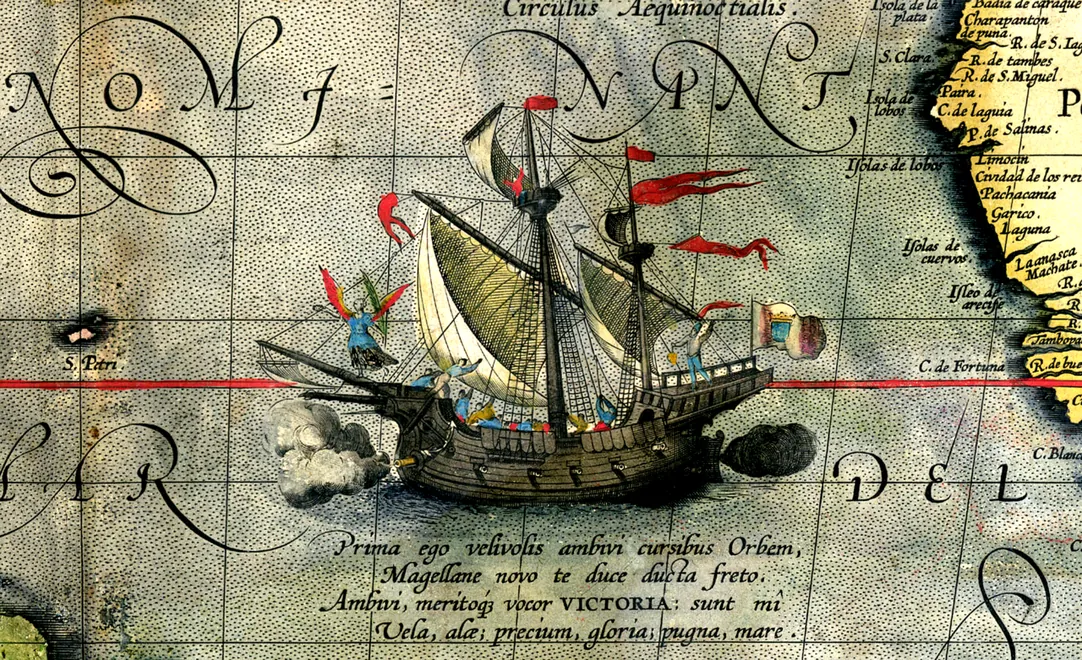 The ship Victoria, from a map by Abraham Ortelius, 1590. Public domain.