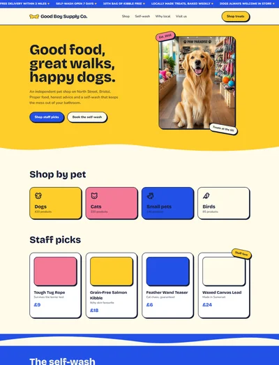 Pet store website built with AI showing a yellow hero with a happy dog, shop by pet cards and outlined staff pick products