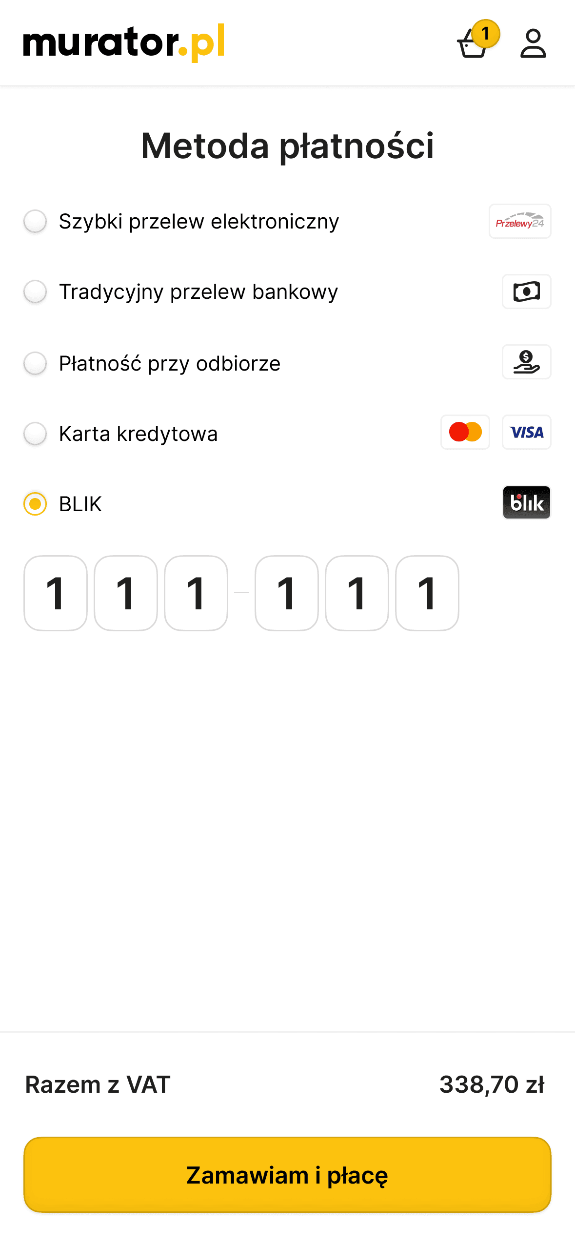 Mobile "Payment Method" interface for Murator, displaying a list of secure options including Fast Online Transfer, Traditional Bank Transfer, Cash on Delivery, Credit Card, and BLIK with integrated provider logos.