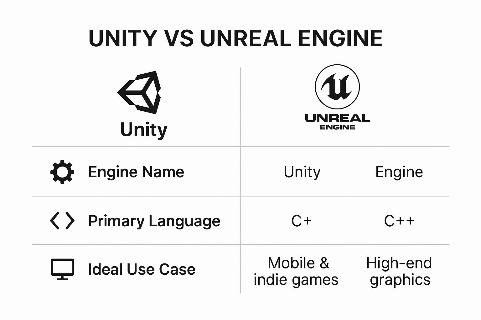 Infographic comparing Unity and Unreal game engines for mobile game development