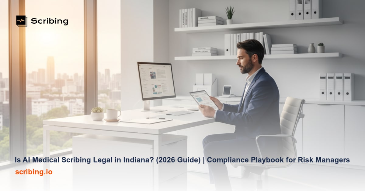 Healthcare compliance setting illustrating AI medical scribing legal considerations for Indiana risk managers in 2026