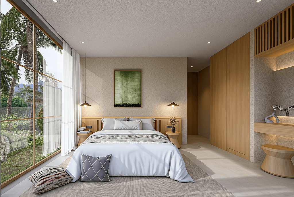 Seseh villa bedroom with floor-to-ceiling windows and tropical views, listed by our professional real estate team.