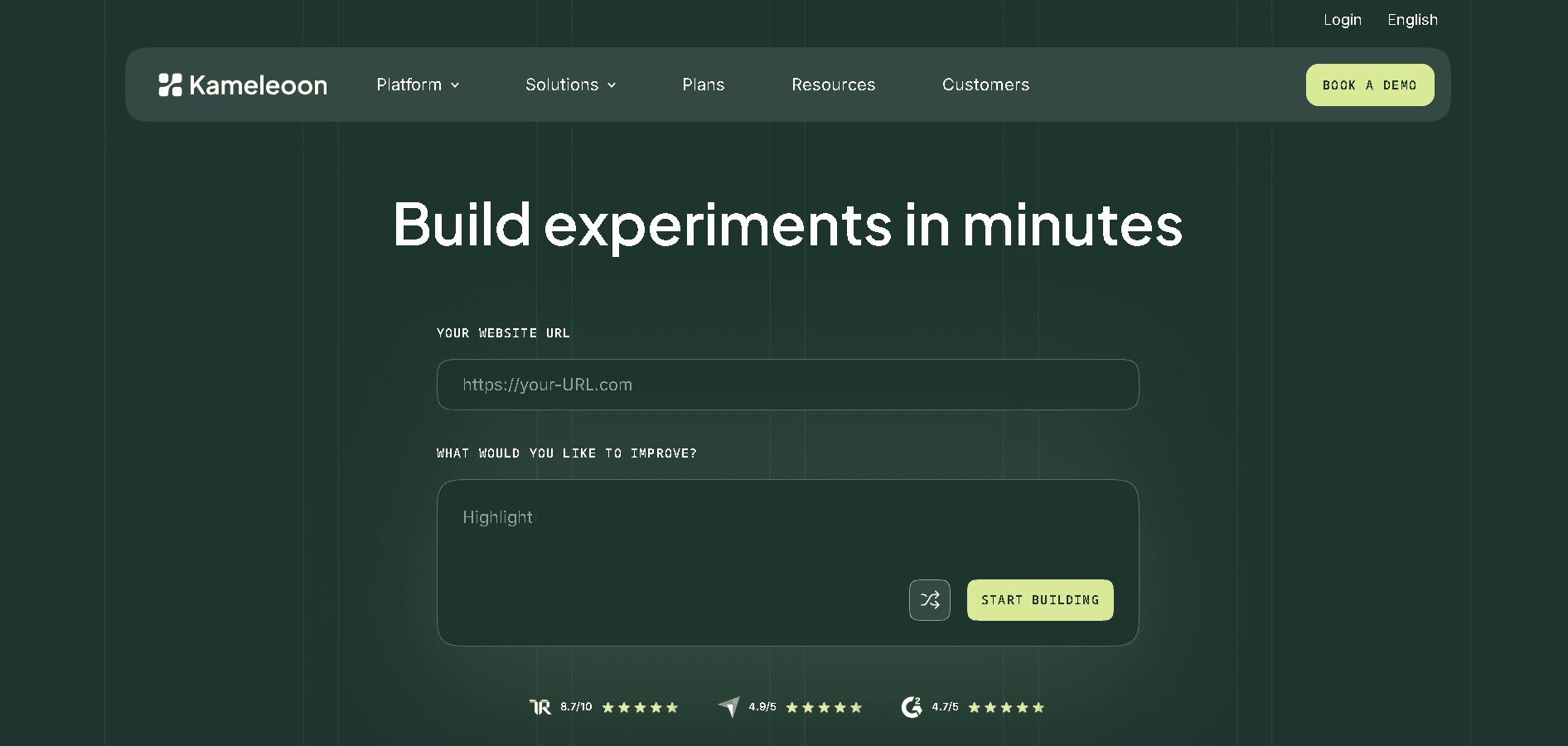 Kameleoon AI-powered experimentation and personalization platform interface showing a “Build experiments in minutes” webpage.