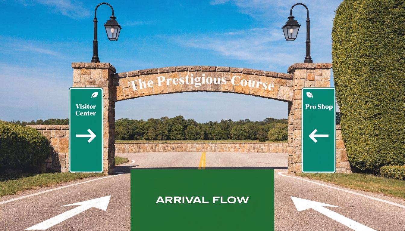An entrance gate with signs directing visitors to the visitor center and the pro shop.