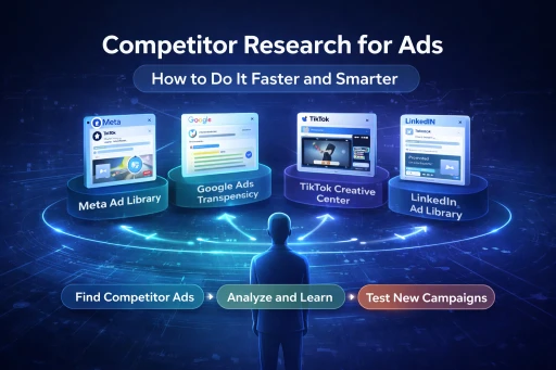 Diagram of competitor ad research workflow across Meta, Google, TikTok, and LinkedIn ad libraries.
