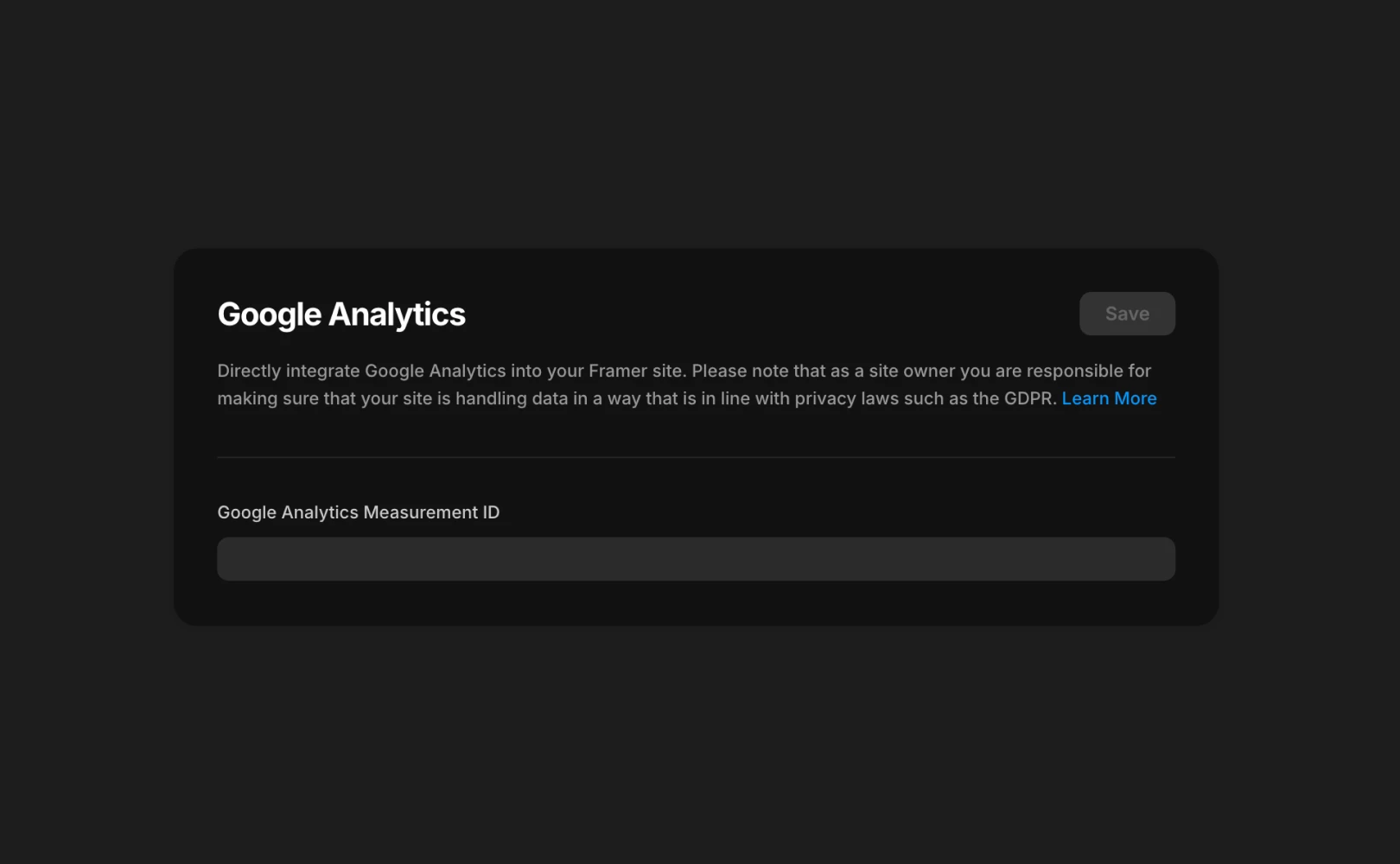 Framer의 Setting 창에서 Google Analytics란에 ID를 입력하는 방법을 설명합니다.