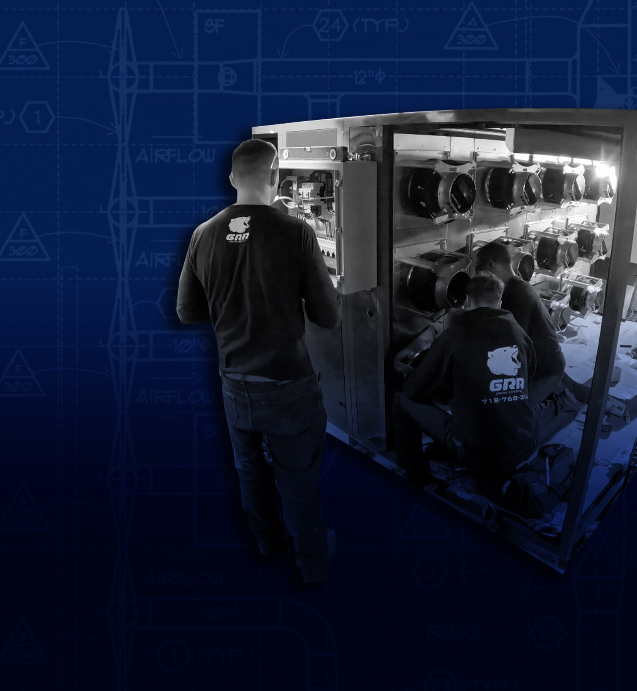 GRR's field team installing EC fan array modules in an air handler as part of a no-downtime HVAC retrofit