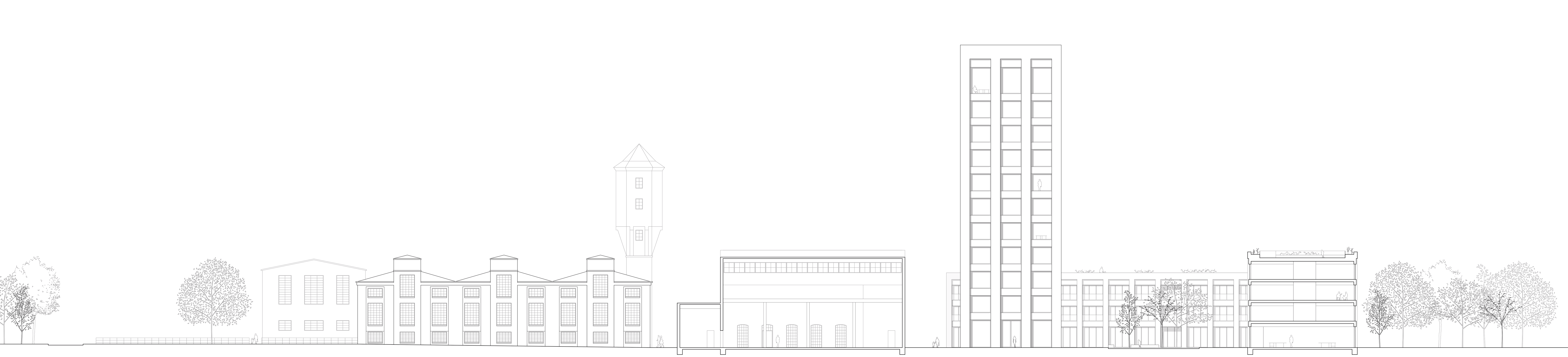 Ost-West-Schnitt des Projekts Papierfabrik Wolfswinkel in Eberswalde mit Hertlein-Halle, Hallenensemble und Wasserturm am Quartiersplatz