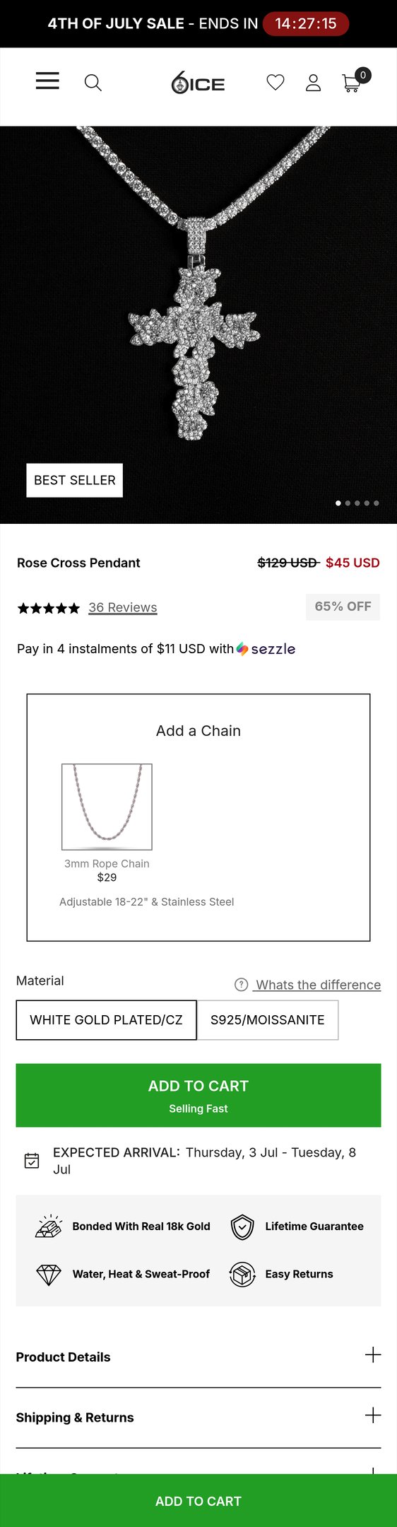 Jewelry product options include: pendant for Rose Cross Pendant from 6 ICE.