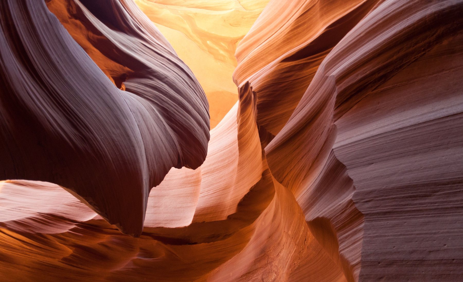 Smooth curving sandstone walls inside Antelope Canyon, banded orange, pink and violet, glowing where daylight reaches down into the slot.