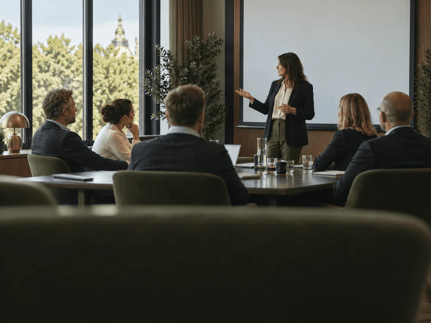 Réunion d’équipe autour d’une table dans une salle lumineuse.