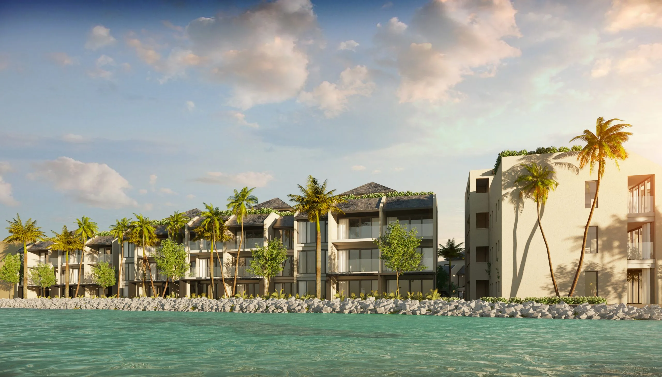 Waterfront resort architecture with palm trees and ocean views, Bay Gardens Saint Lucia