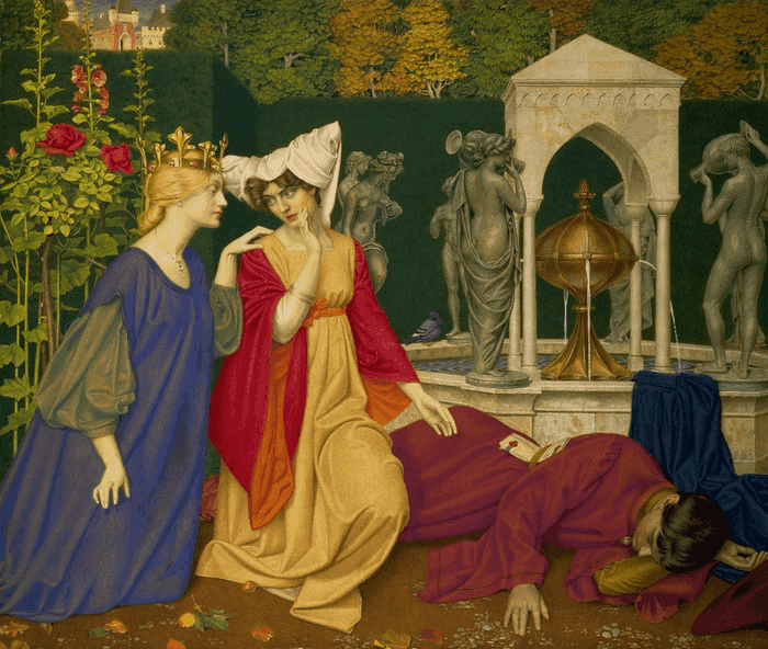 Two women in medieval attire converse while a figure lies on the ground, surrounded by lush greenery and classical statues.