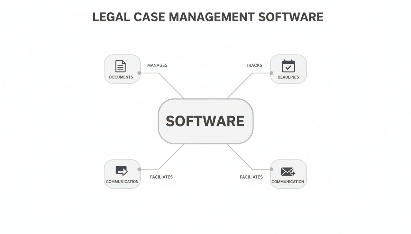 Mind map illustrating the key functions of legal case management software: managing documents, tracking deadlines, and facilitating communication.