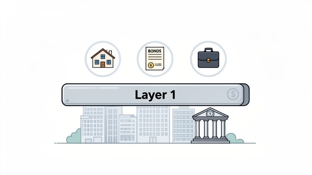 Icons of a house, bonds, and briefcase above a 'Layer 1' financial system with city buildings and a bank.
