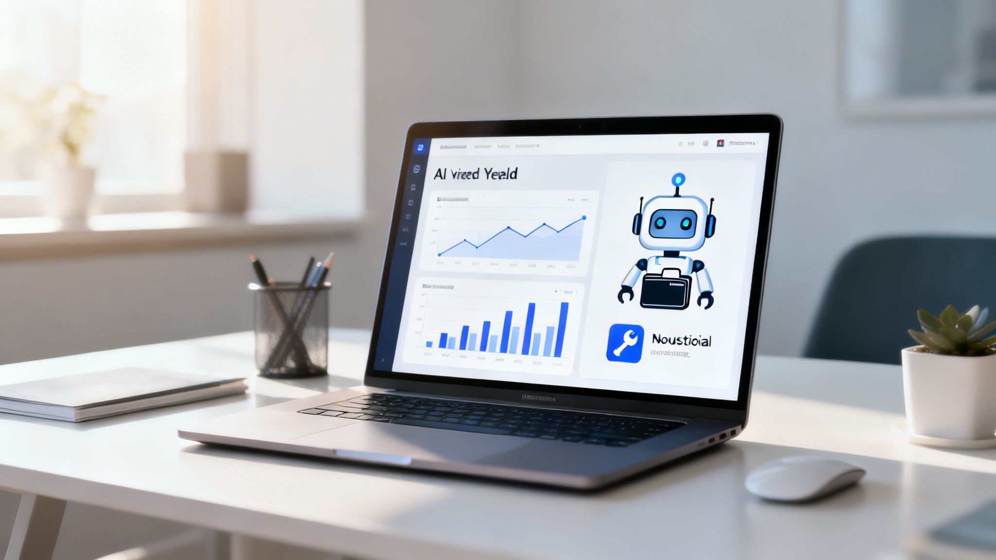 A laptop on a bright desk displays an AI dashboard with financial graphs and a robot illustration.