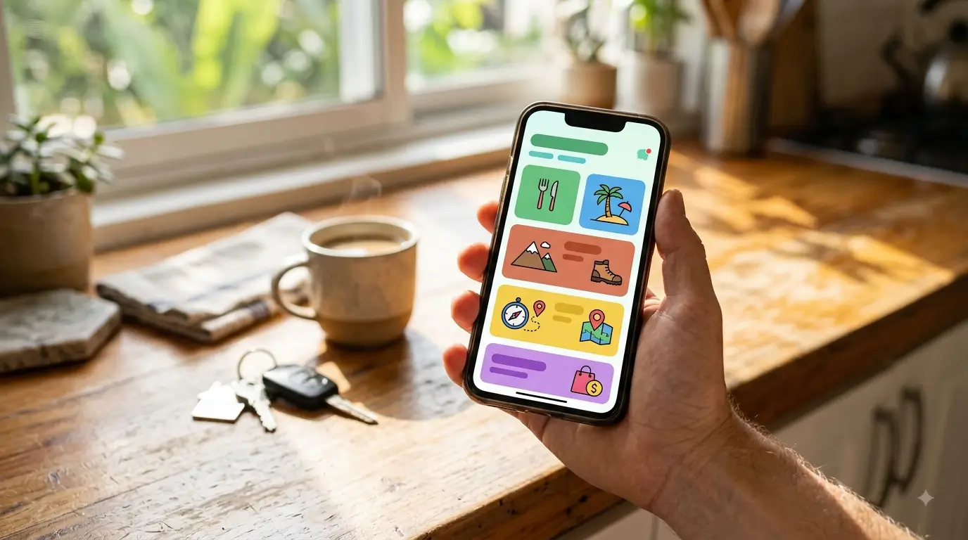 A guest holding a phone showing a digital guidebook with category tiles on a sunlit kitchen counter.