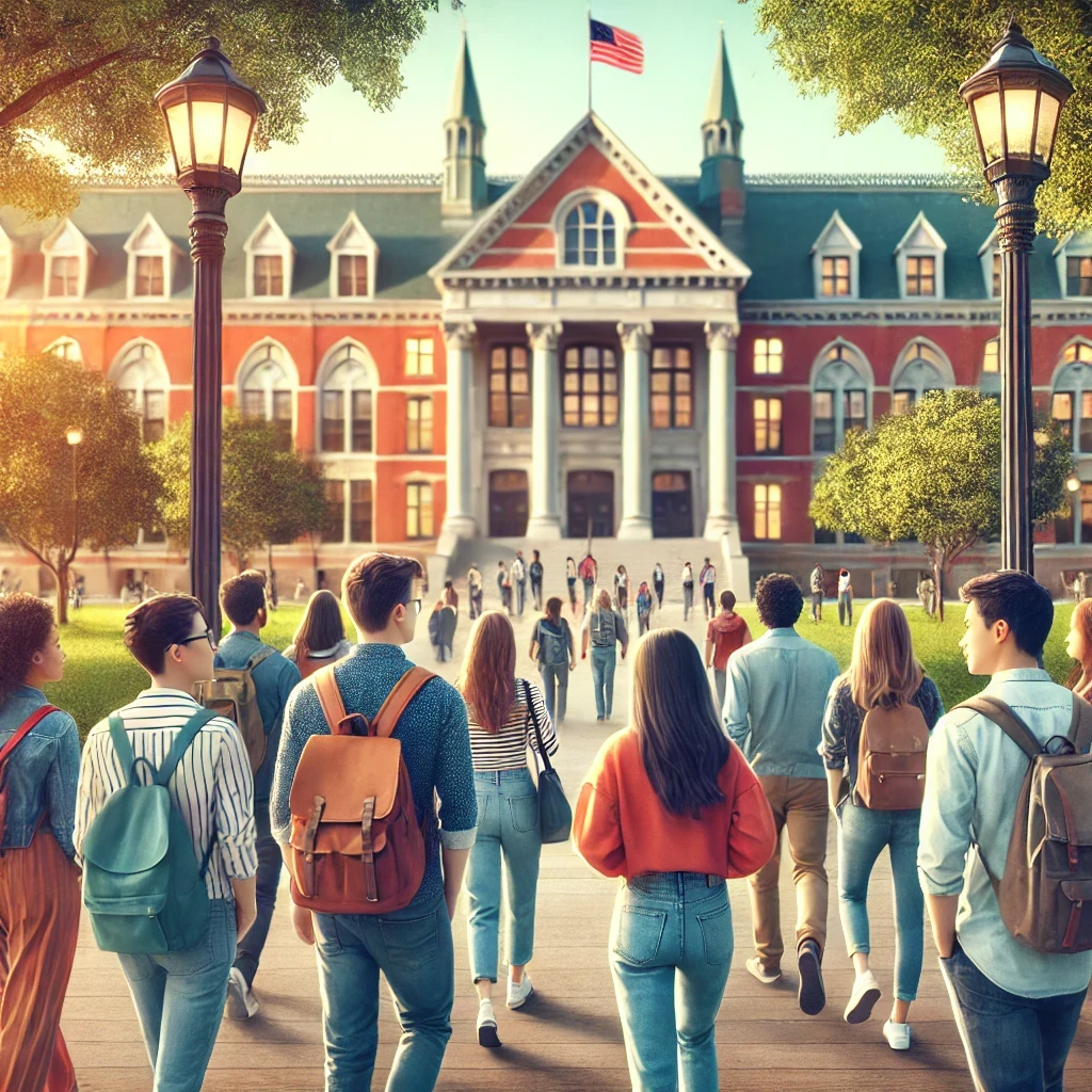 Diverse group of international students on a U.S. college campus, symbolizing F1 visa holders.