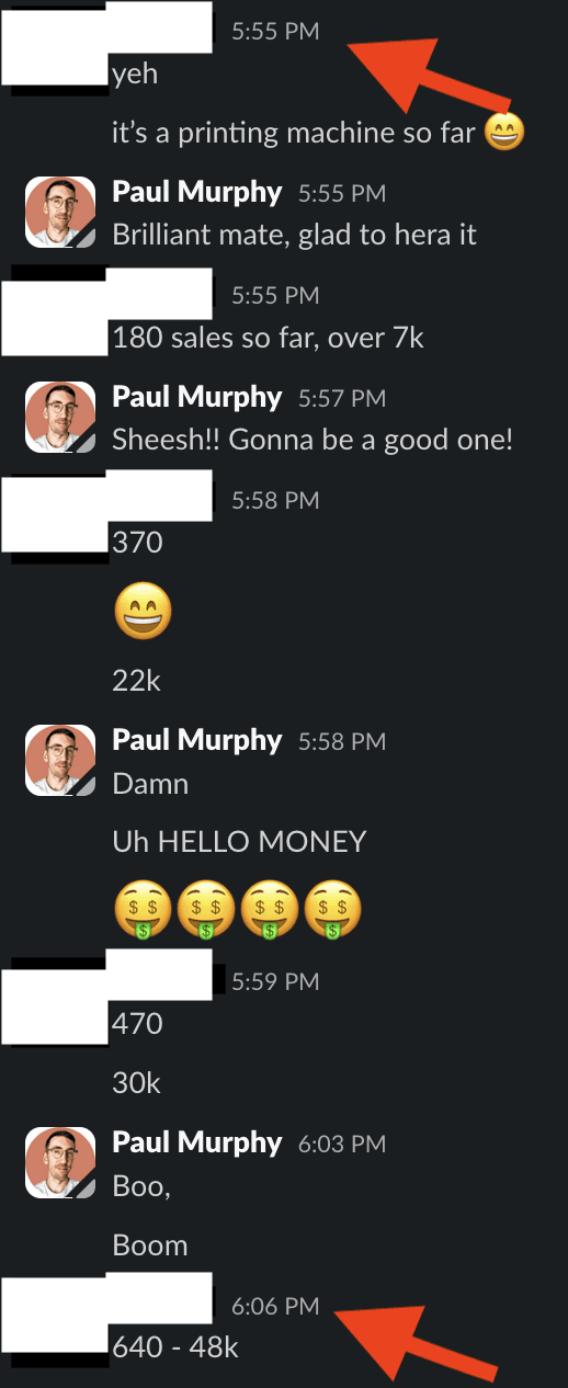 Original client chat reporting 640 sales and 48k
